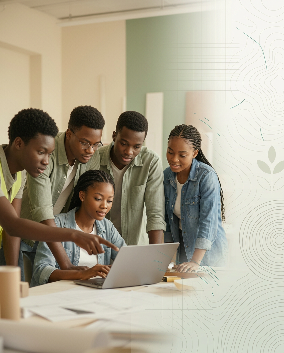 Young African builders collaborating on a laptop in a workshop